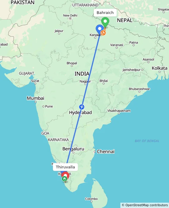 Route map showing distance and travel time from Bahraich, India to Thiruvalla, India