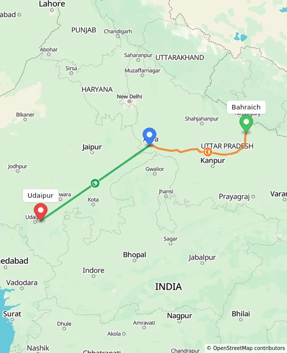 Route map showing distance and travel time from Bahraich, India to Udaipur, India