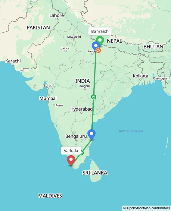 Route map showing distance and travel time from Bahraich, India to Varkala, India