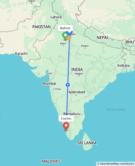 Route map showing distance and travel time from Bahror, India to Cochin, India