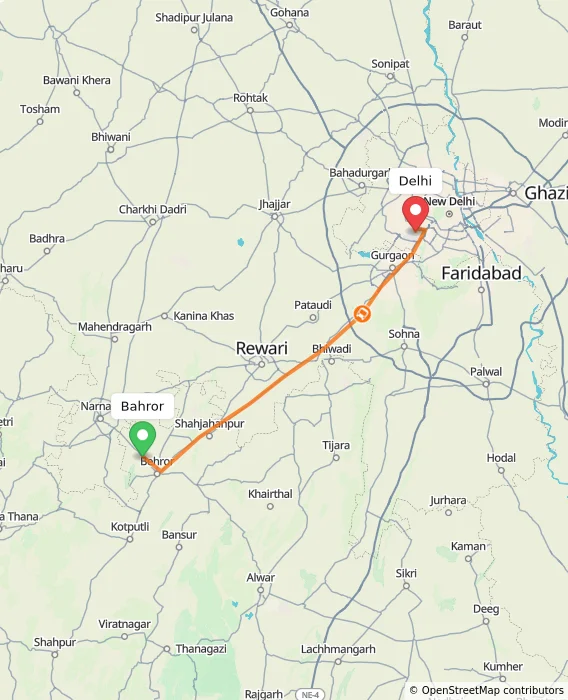 Route map showing distance and travel time from Bahror, India to Delhi, India