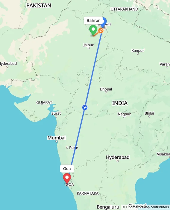 Route map showing distance and travel time from Bahror, India to Goa, India