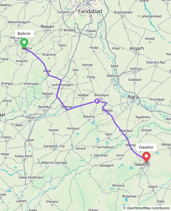 Route map showing distance and travel time from Bahror, India to Gwalior, India