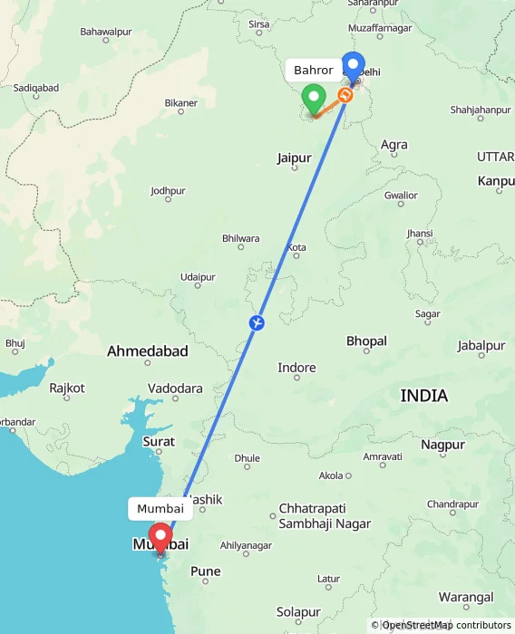 Route map showing distance and travel time from Bahror, India to Mumbai, India