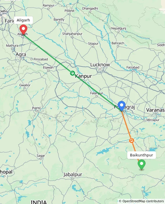 Route map showing distance and travel time from Baikunthpur, India to Aligarh, India