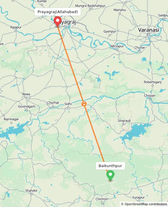 Route map showing distance and travel time from Baikunthpur, India to Allahabad, India