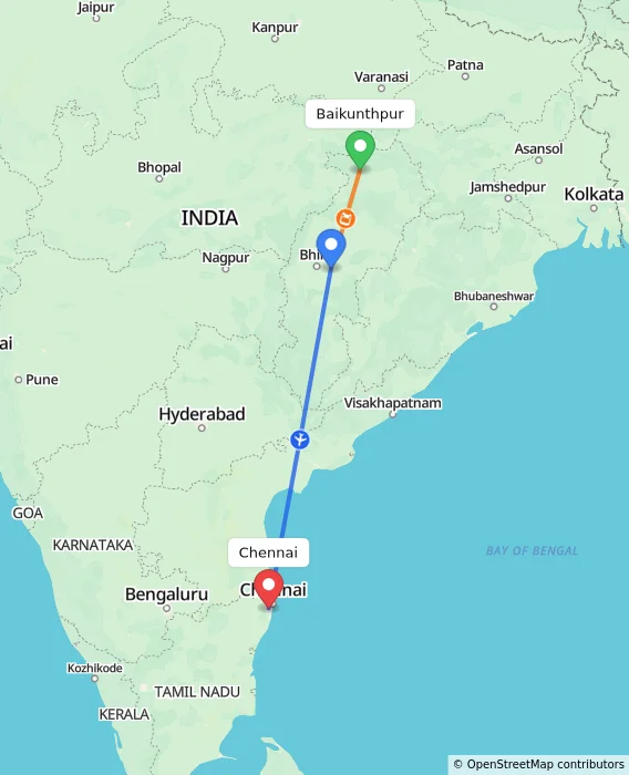 Route map showing distance and travel time from Baikunthpur, India to Chennai, India