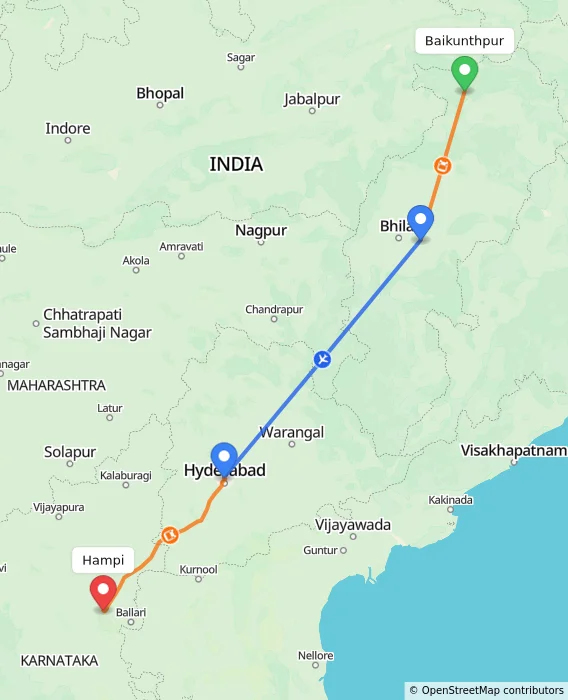 Route map showing distance and travel time from Baikunthpur, India to Hampi, India