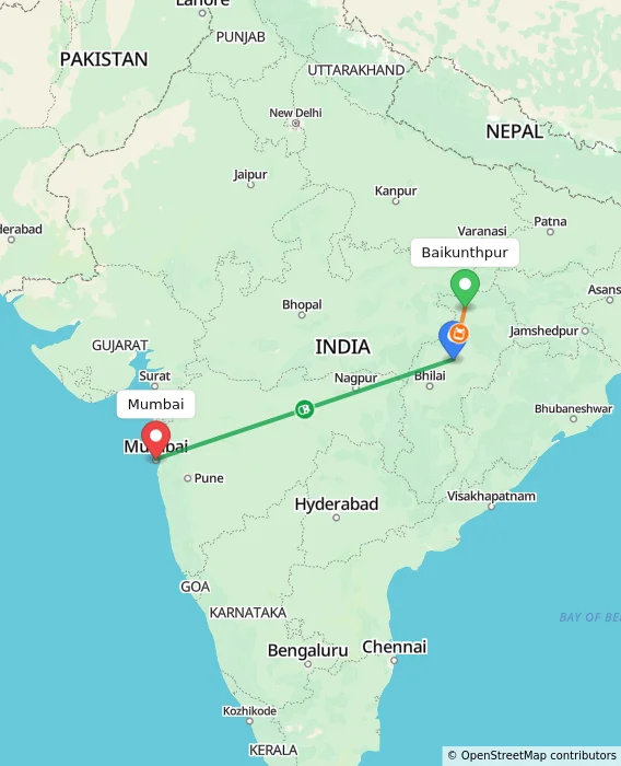 Route map showing distance and travel time from Baikunthpur, India to Mumbai, India