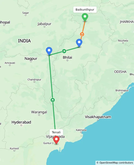 Route map showing distance and travel time from Baikunthpur, India to Tenali, India