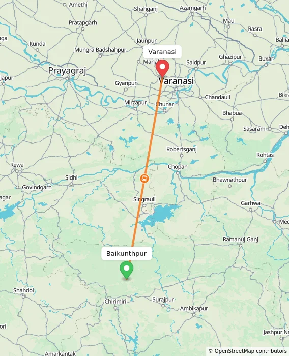 Route map showing distance and travel time from Baikunthpur, India to Varanasi, India