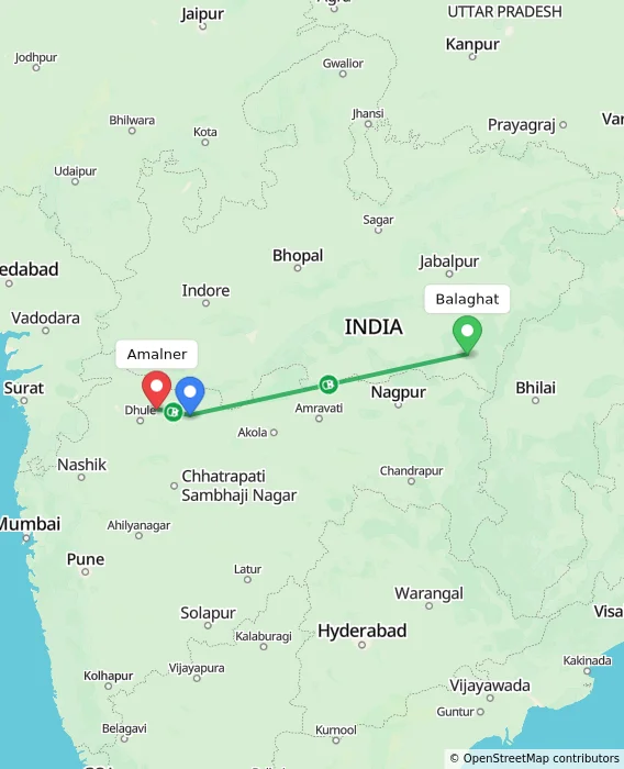 Route map showing distance and travel time from Balaghat, India to Amalner, India