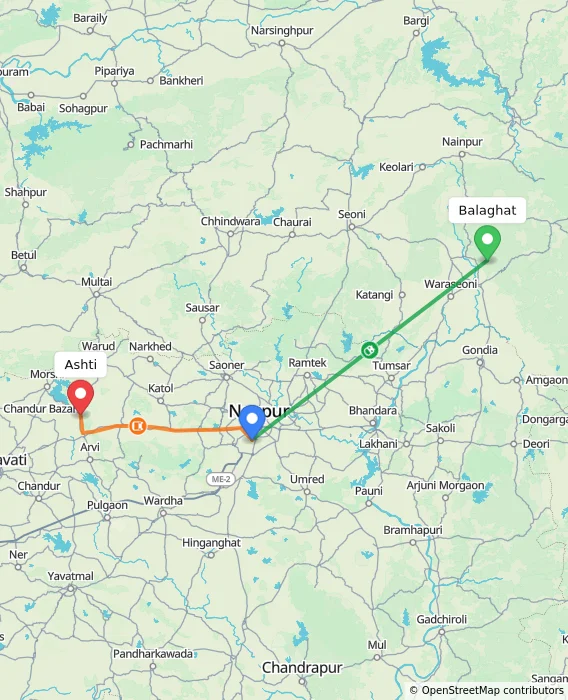 Route map showing distance and travel time from Balaghat, India to Ashti, India