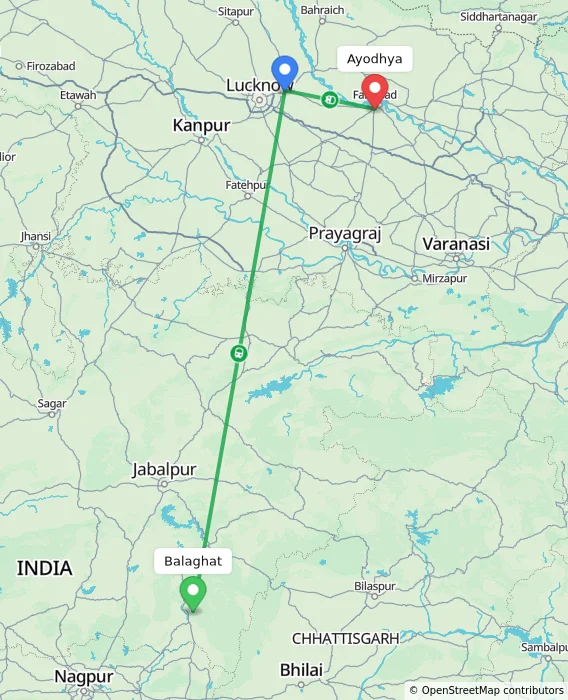 Route map showing distance and travel time from Balaghat, India to Ayodhya, India