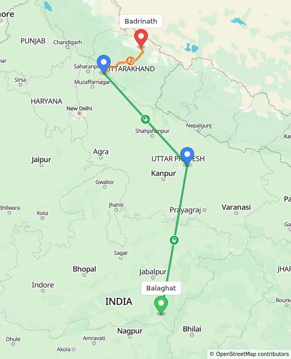 Route map showing distance and travel time from Balaghat, India to Badrinath, India