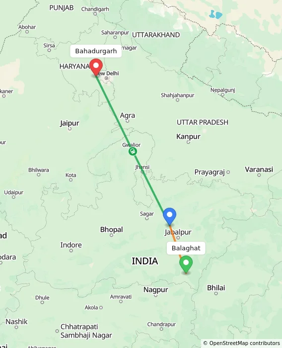 Route map showing distance and travel time from Balaghat, India to Bahadurgarh, India