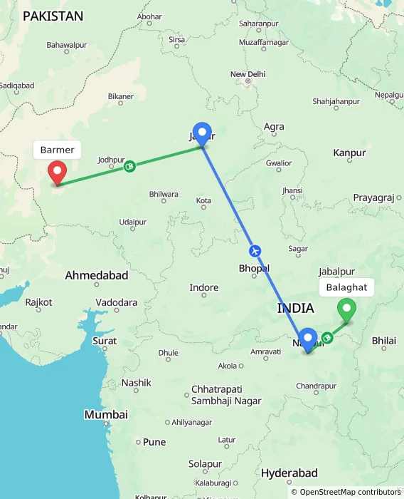 Route map showing distance and travel time from Balaghat, India to Barmer, India