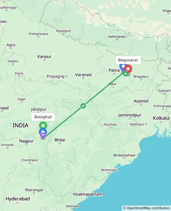 Route map showing distance and travel time from Balaghat, India to Begusarai, India