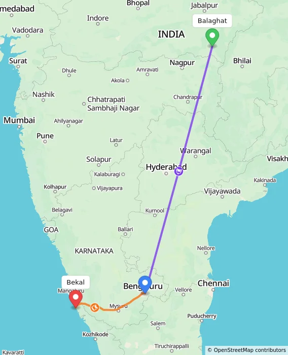 Route map showing distance and travel time from Balaghat, India to Bekal, India