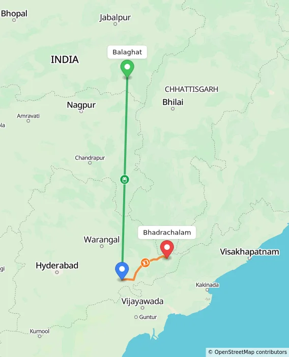 Route map showing distance and travel time from Balaghat, India to Bhadrachalam, India