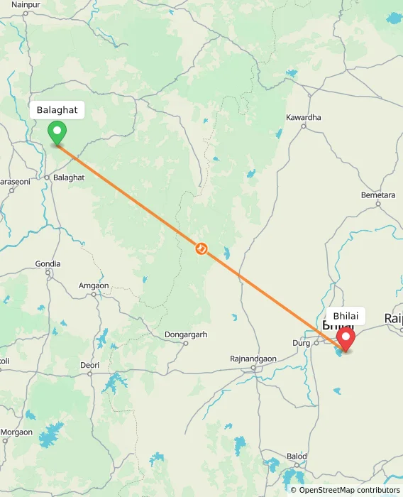 Route map showing distance and travel time from Balaghat, India to Bhilai, India