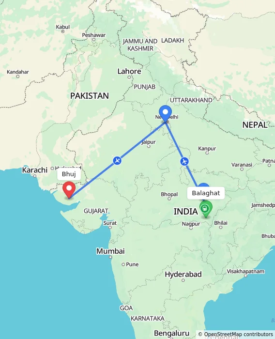 Route map showing distance and travel time from Balaghat, India to Bhuj, India