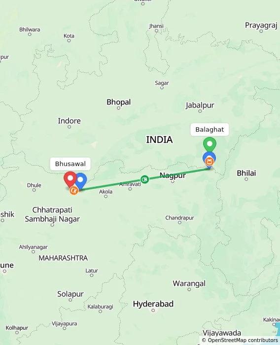 Route map showing distance and travel time from Balaghat, India to Bhusawal, India