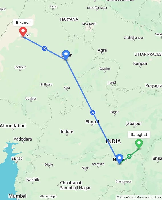 Route map showing distance and travel time from Balaghat, India to Bikaner, India
