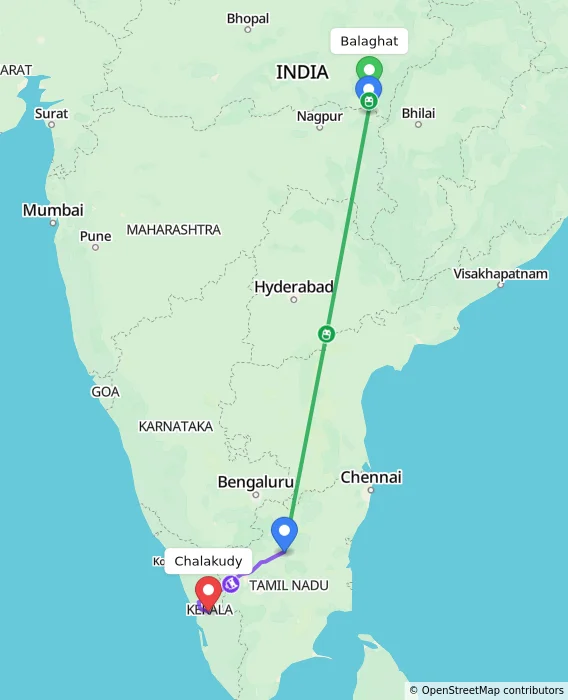 Route map showing distance and travel time from Balaghat, India to Chalakudy, India