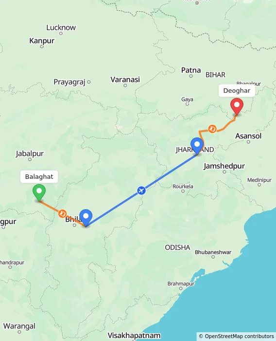 Route map showing distance and travel time from Balaghat, India to Deoghar, India