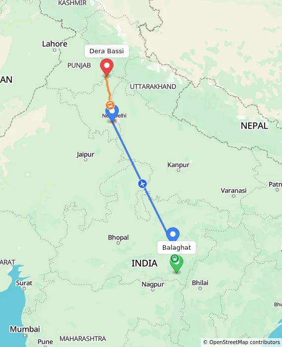 Route map showing distance and travel time from Balaghat, India to Dera Bassi, India