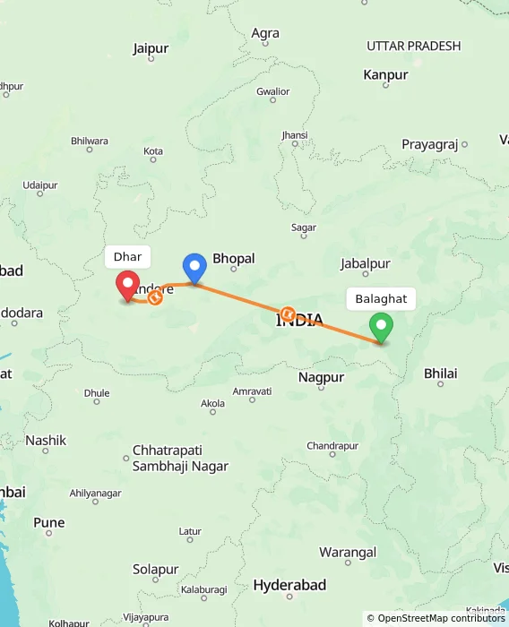 Route map showing distance and travel time from Balaghat, India to Dhar, India