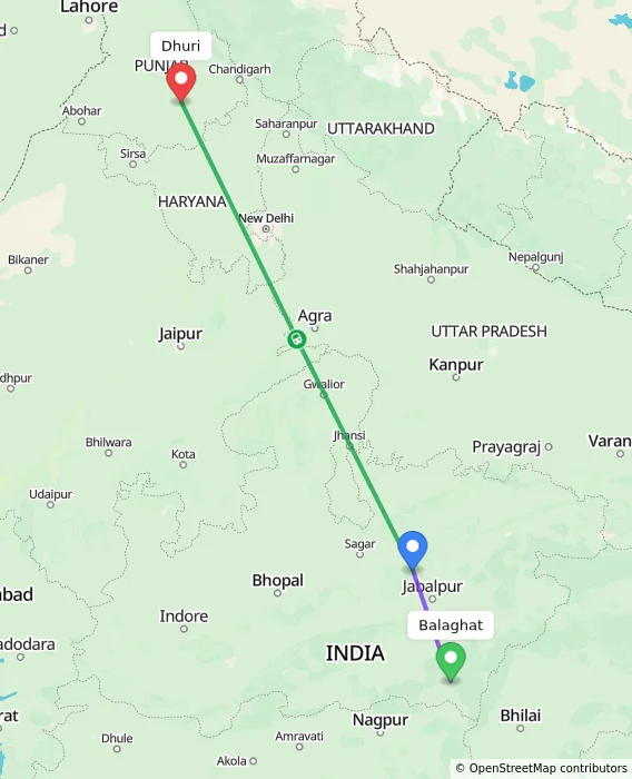 Route map showing distance and travel time from Balaghat, India to Dhuri, India