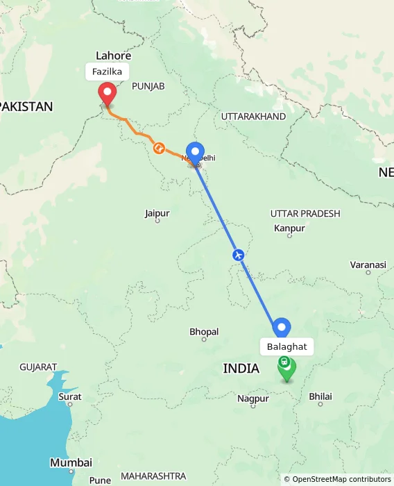 Route map showing distance and travel time from Balaghat, India to Fazilka, India