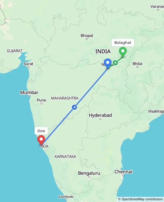 Route map showing distance and travel time from Balaghat, India to Goa, India