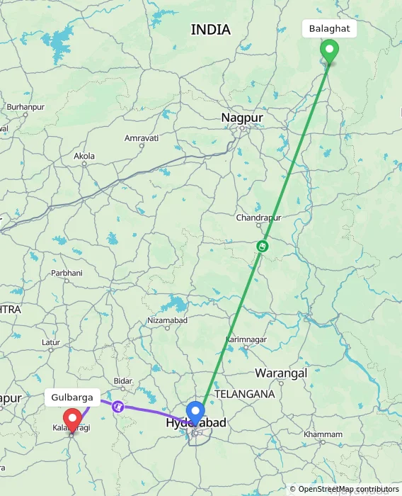 Route map showing distance and travel time from Balaghat, India to Gulbarga, India