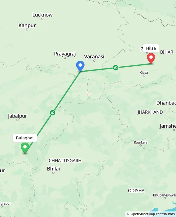 Route map showing distance and travel time from Balaghat, India to Hilsa, India