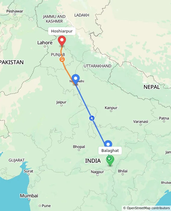 Route map showing distance and travel time from Balaghat, India to Hoshiarpur, India
