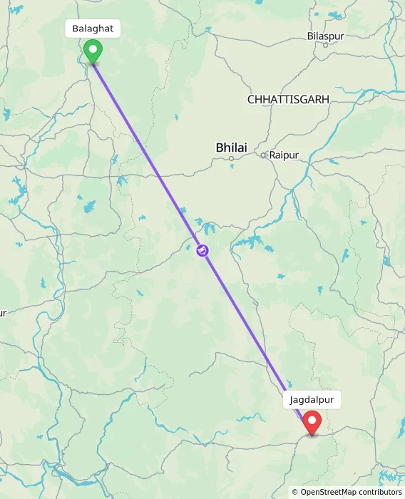 Route map showing distance and travel time from Balaghat, India to Jagdalpur, India