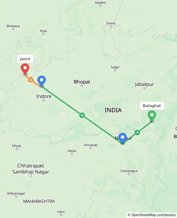Route map showing distance and travel time from Balaghat, India to Jaora, India