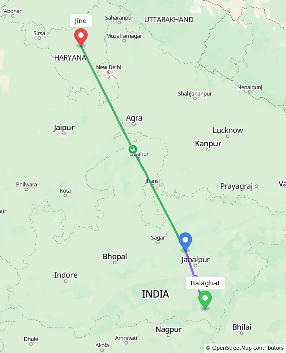 Route map showing distance and travel time from Balaghat, India to Jind, India