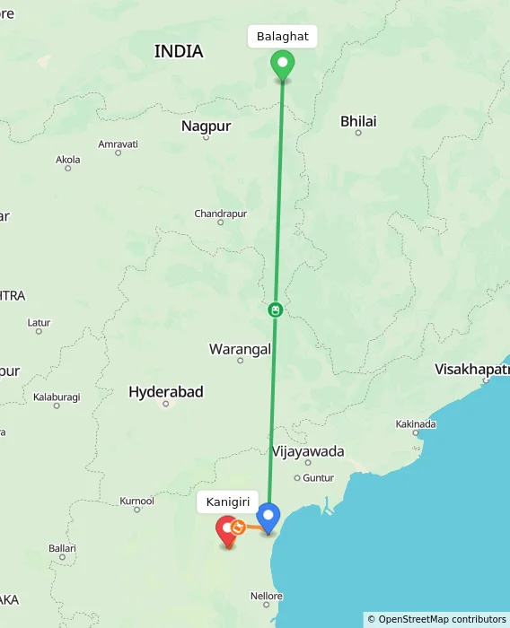 Route map showing distance and travel time from Balaghat, India to Kanigiri, India