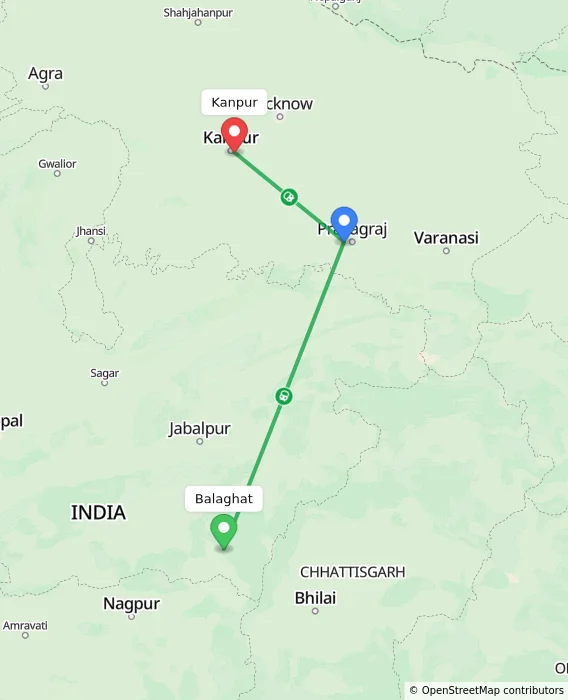 Route map showing distance and travel time from Balaghat, India to Kanpur, India