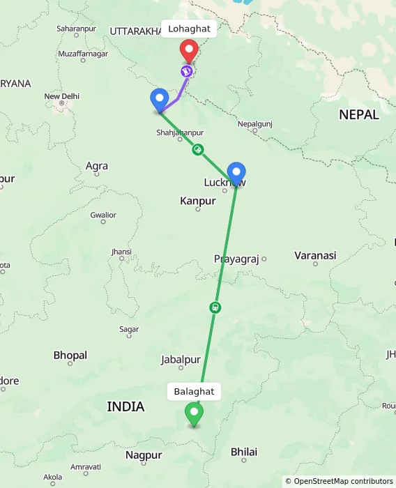 Route map showing distance and travel time from Balaghat, India to Lohaghat, India