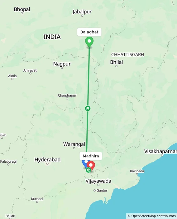Route map showing distance and travel time from Balaghat, India to Madhira, India