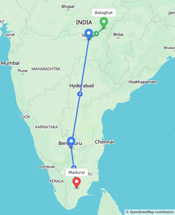 Route map showing distance and travel time from Balaghat, India to Madurai, India