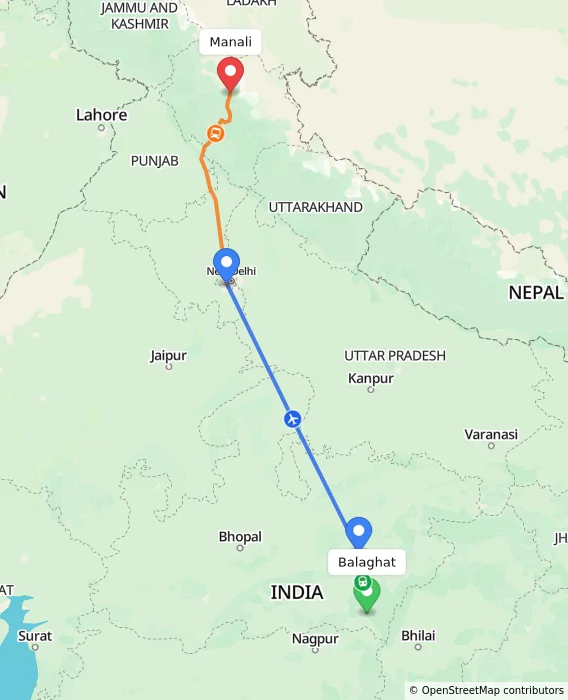 Route map showing distance and travel time from Balaghat, India to Manali, India