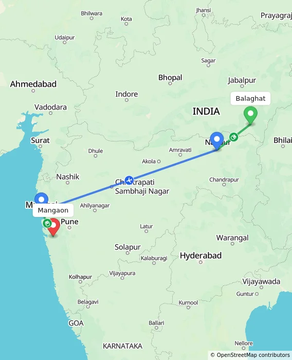 Route map showing distance and travel time from Balaghat, India to Mangaon, India