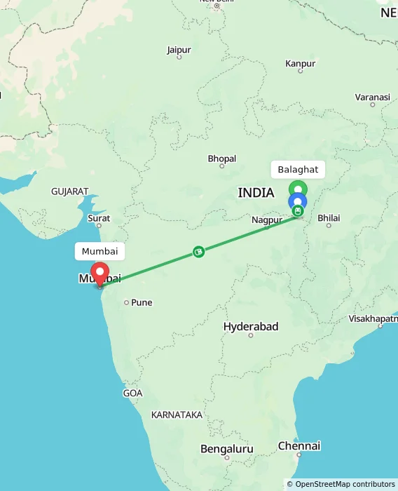 Route map showing distance and travel time from Balaghat, India to Mumbai, India