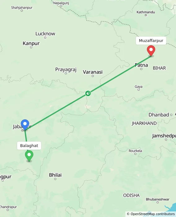 Route map showing distance and travel time from Balaghat, India to Muzaffarpur, India